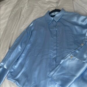🆕Blue satin blouse with Button-Down Collar